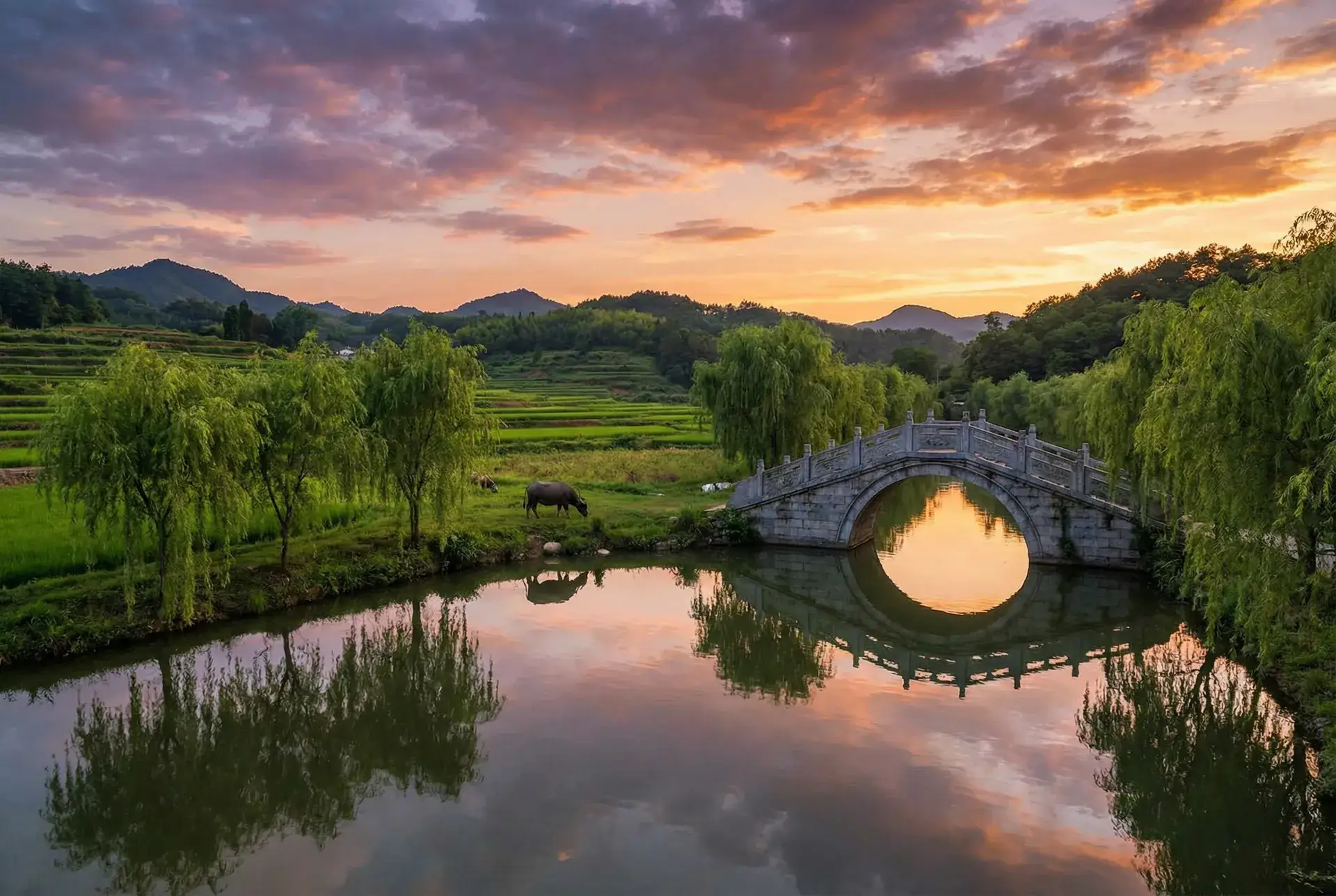 夕阳下的石拱桥与垂柳，水牛在河边吃草 - 兰州城市学院德吉才让聊天记录 乡村美景